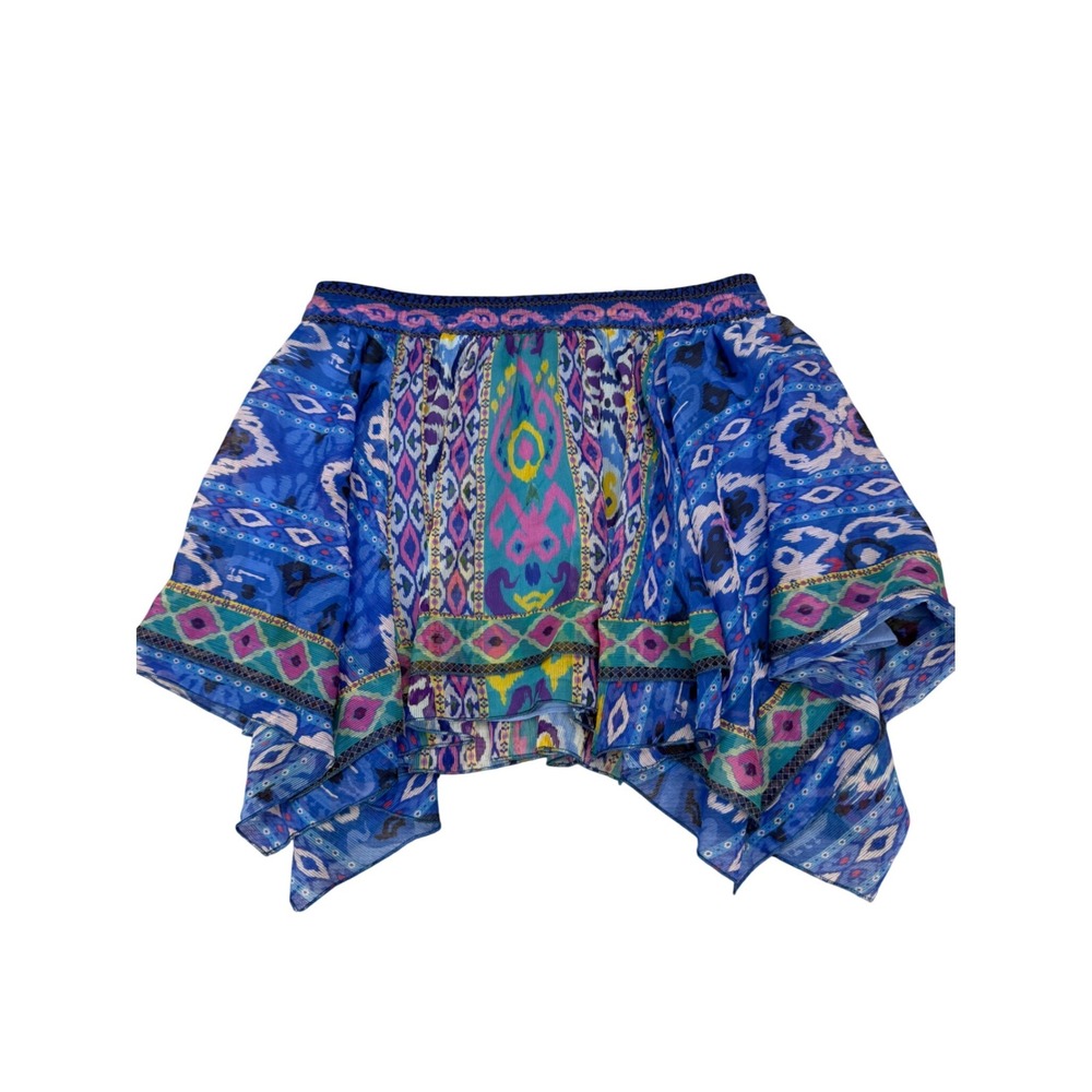 Zara Blue Ikat Geometric Print Handkerchief Hem Mini Skirt Small Boho Chiffon